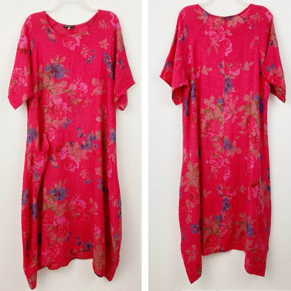 100% Lin by Strada Floral Dress Size 44 Linen Short Sleeve Scoop Neck Lagenlook